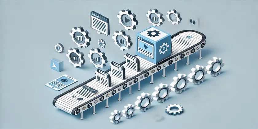 A conveyor belt producing articles and videos automatically, symbolizing content automation.