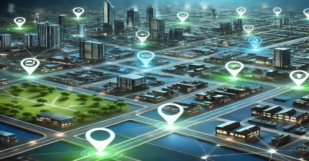 A digital map interface showcasing various local businesses within a futuristic, high-tech cityscape. web.p