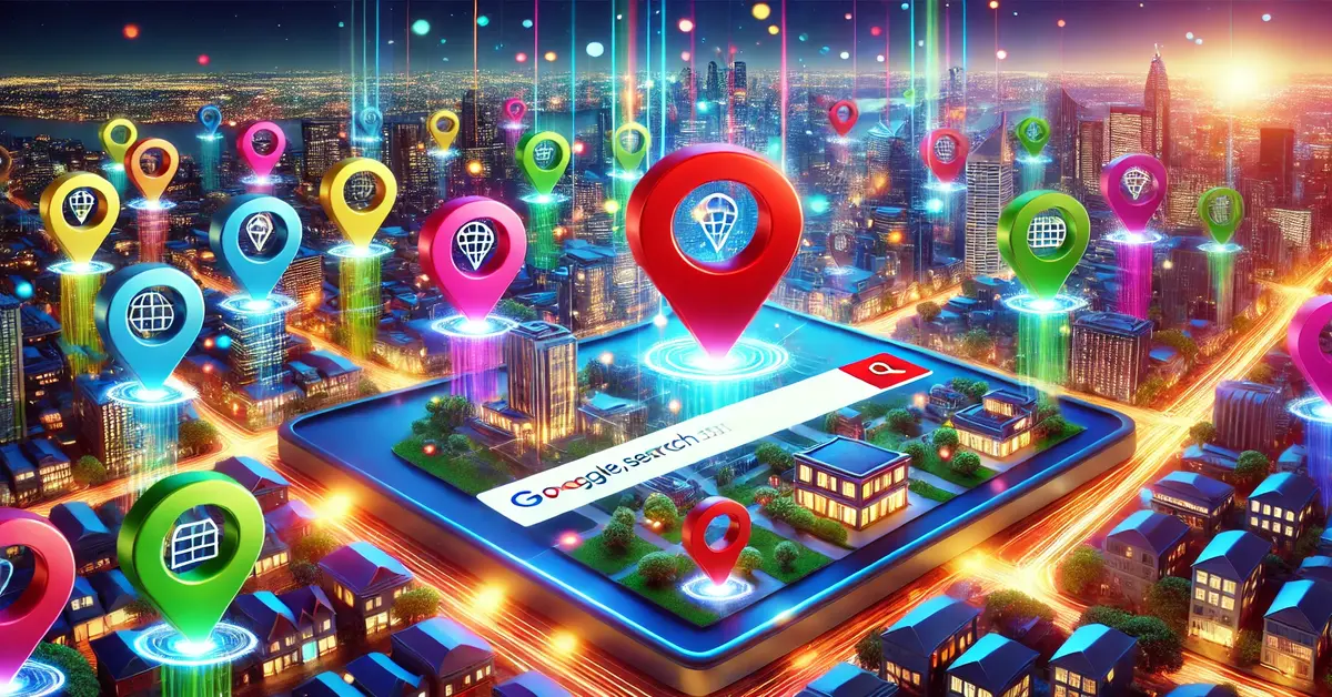 Businesses highlighted by glowing digital location pins.