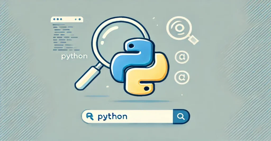 Python logo next to a magnifying glass, symbolizing Python's role in SEO.