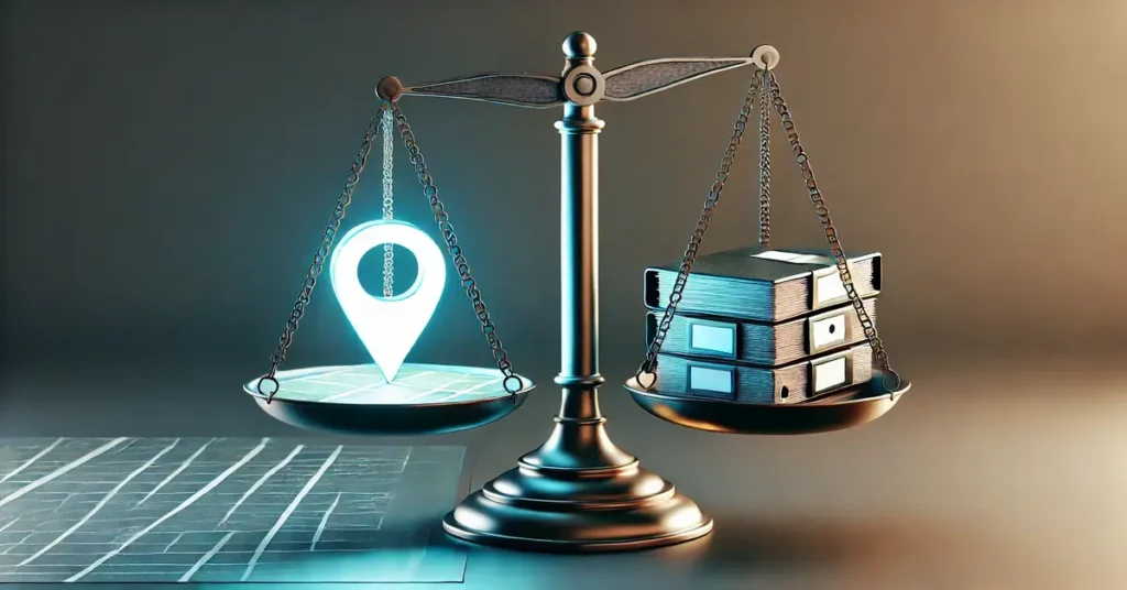modern balance scale as you described, with a glowing pin on one side and a stack of documents symbolizing directories on the other